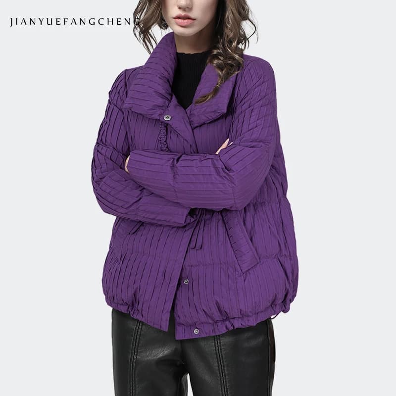 2024 Winter Fashion Women' Purple Striped Down Jacket Loose-fitting Warm Thickened White Duck Down Padded Puffer Coat Parkas