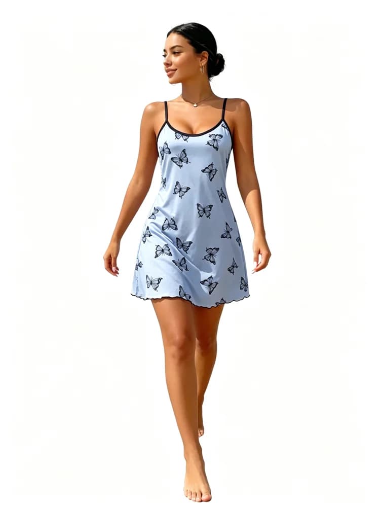 Butterfly Print Sexy Nightgown for Women Spaghetti Strap Sleep Dress Silky Homewear Summer Loungewear Nightwear Slip