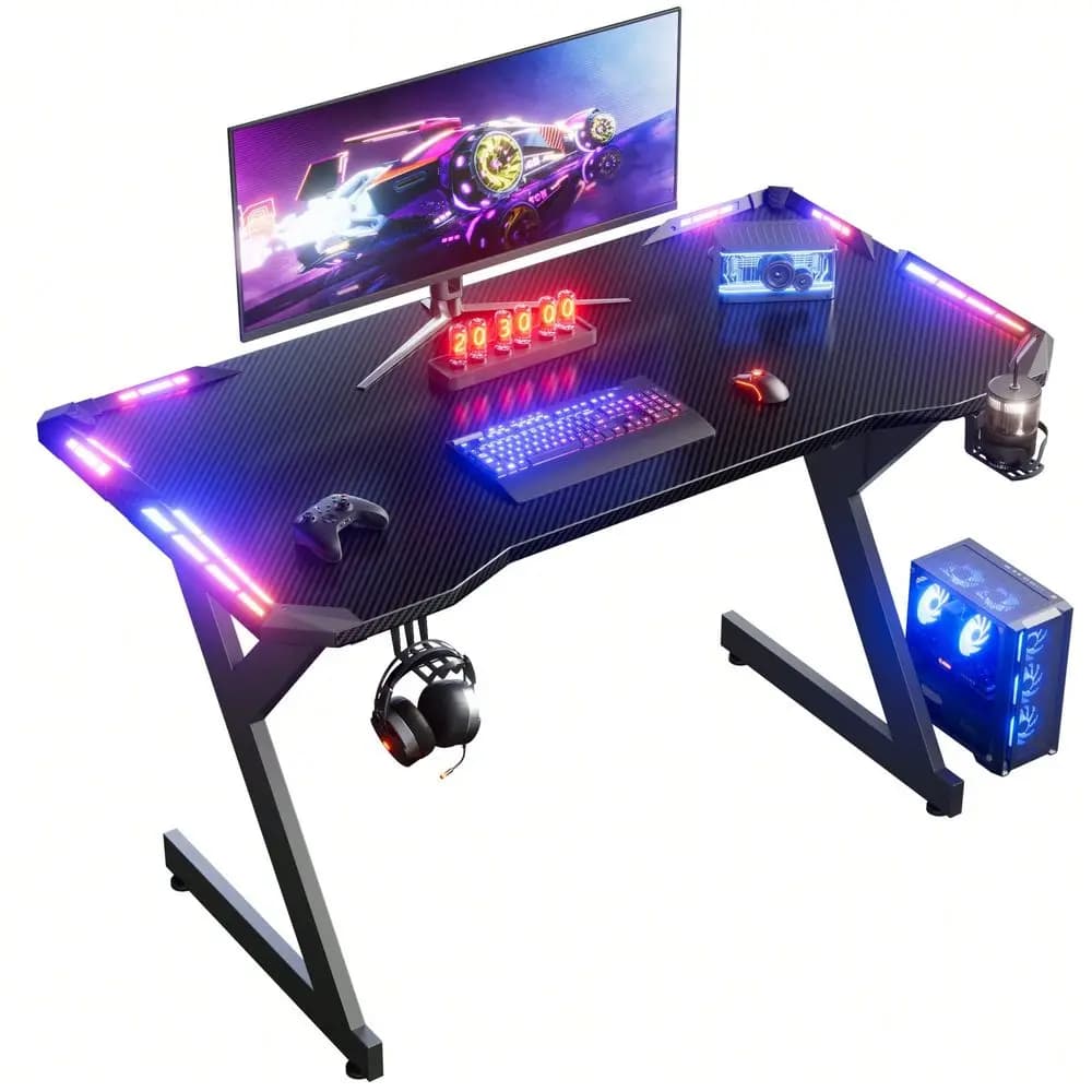 Scrivania da gaming con luci a LED, tavolo da gaming ergonomico con superficie in fibra di carbonio, robusta scrivania workstation per PC per gaming A