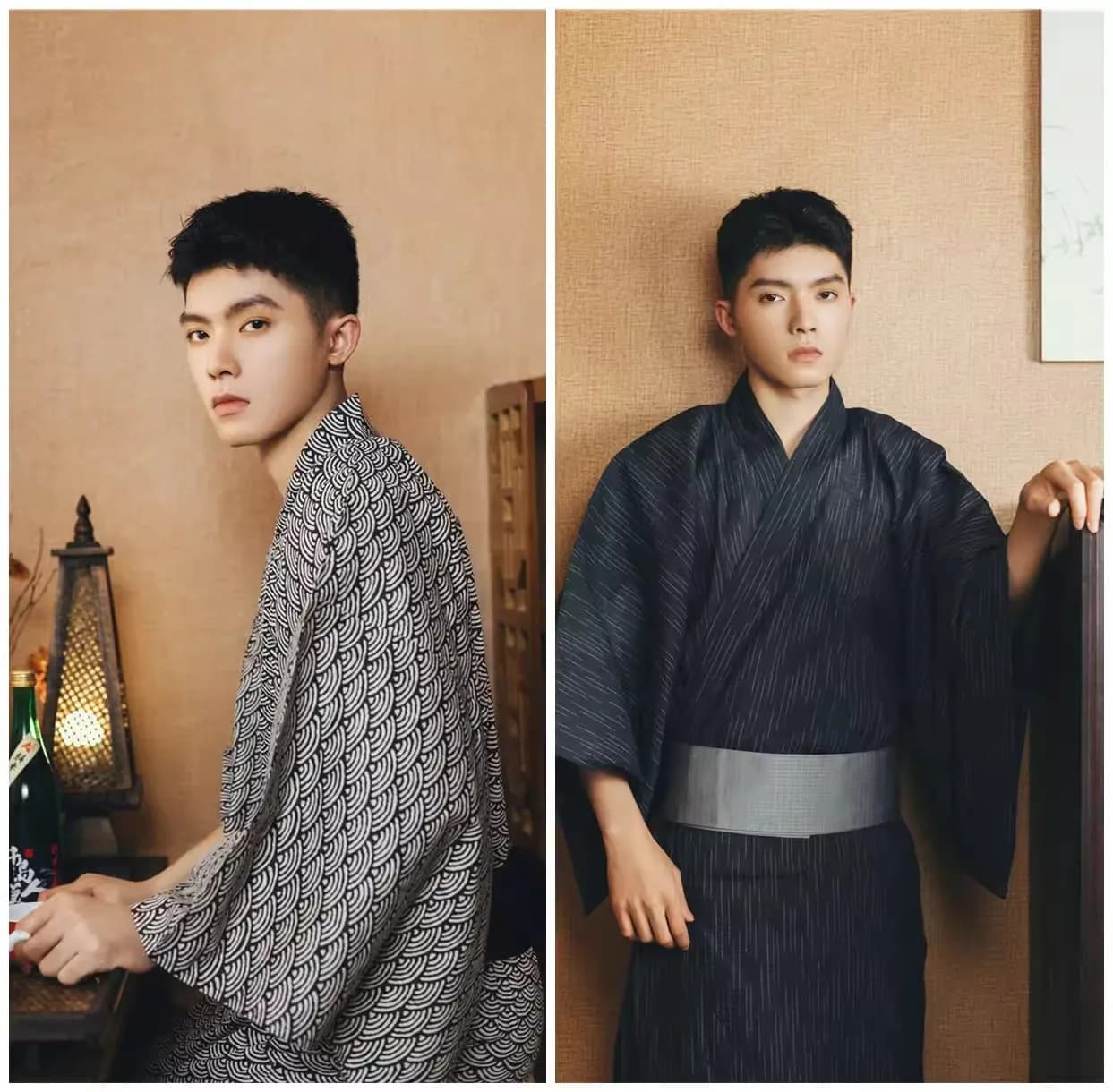 Kimono Tradizionale Giapponese da Uomo con Cintura, Colore Blu Scuro con Stampe, Yukata, Accappatoio per Casa, Abbigliamento da Relax