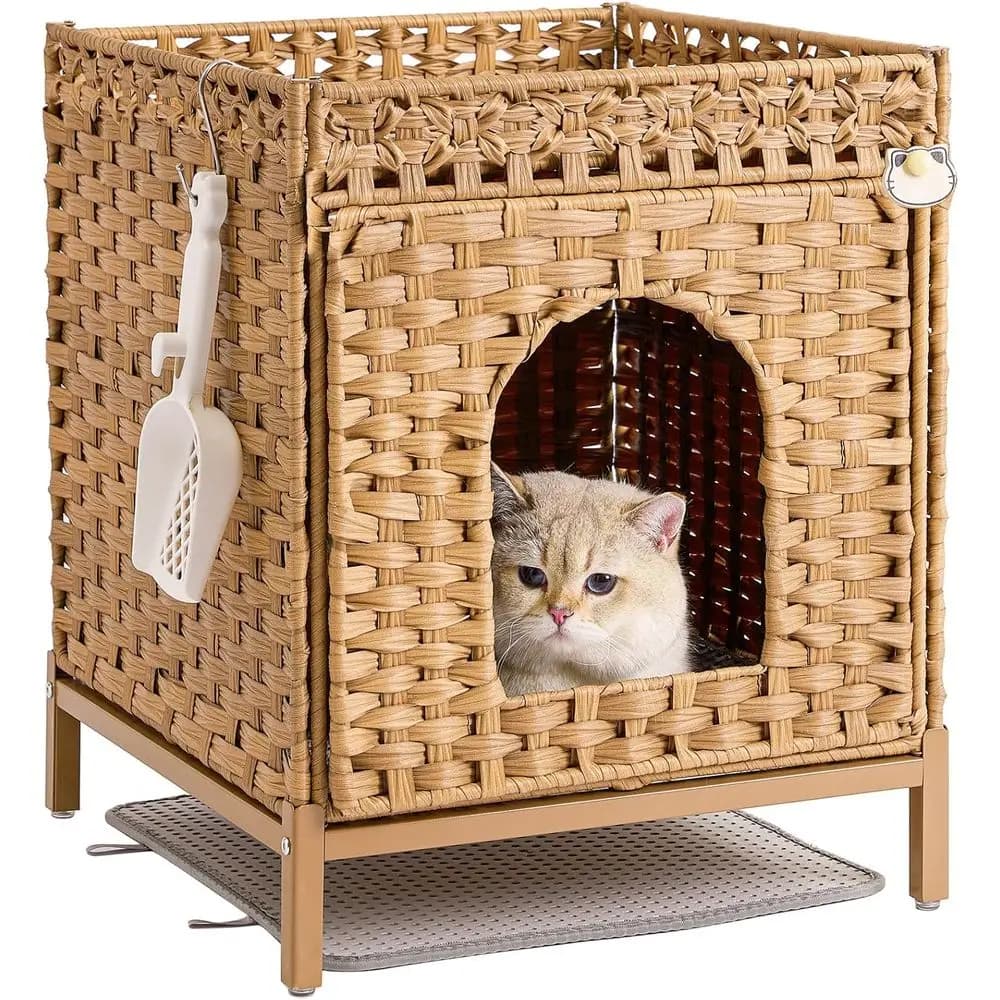 Elegante Recinto per Lettiera Gatti in Rattan con Struttura Metallica Rialzata e Tappetino, Adatto per Ambienti Interni