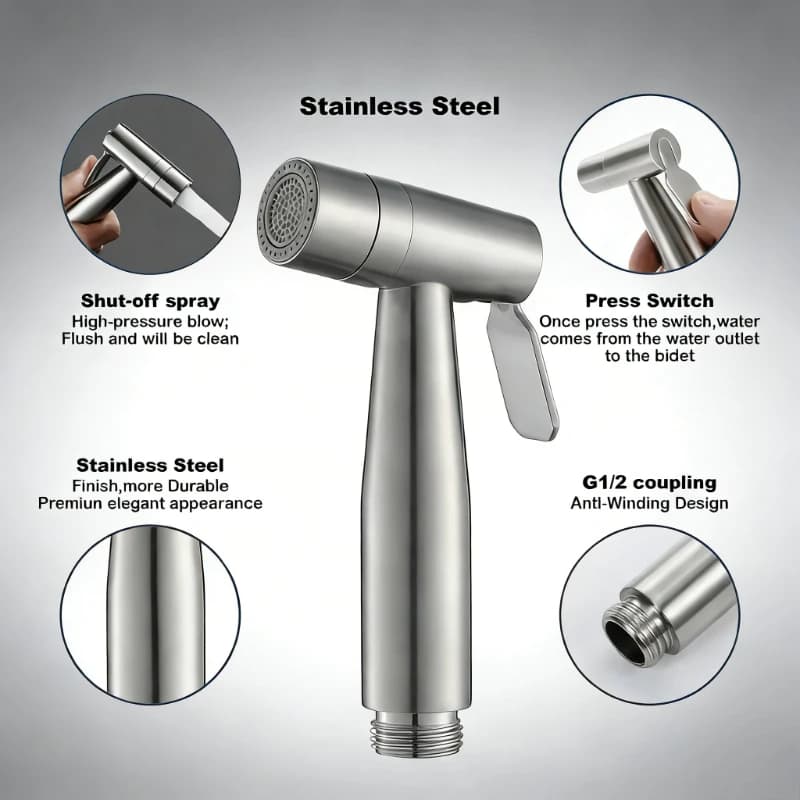 Pistola Spray Professionale Versatile in Acciaio Inox ad Alta Pressione per Pulizia Efficiente di WC, Bidet, Lavandini e Cucine