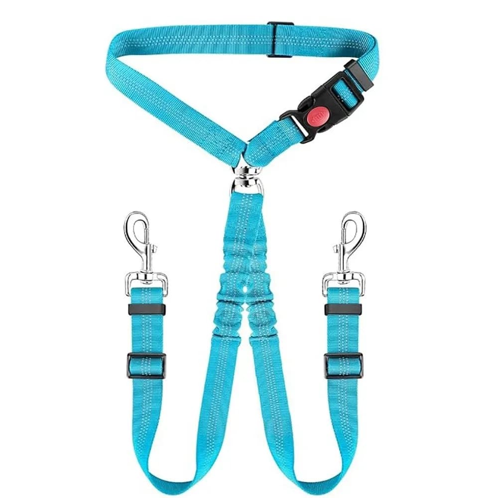 Imbracatura per cani a doppia testa con tensione regolabile, connessione divisa, attacco per poggiatesta, per uso in auto, guinzaglio e dispositivo di contenimento per cani