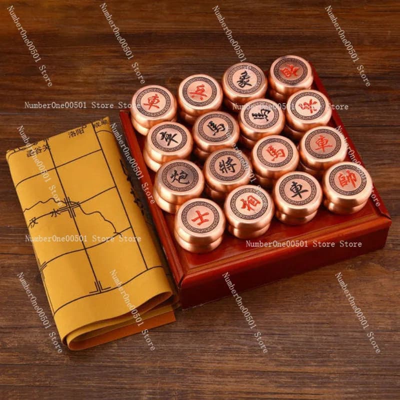 Grande Set di Scacchi Cinesi in Metallo Massiccio, Colore Oro Ottone, Collezione Premium con Scatola di Lusso
