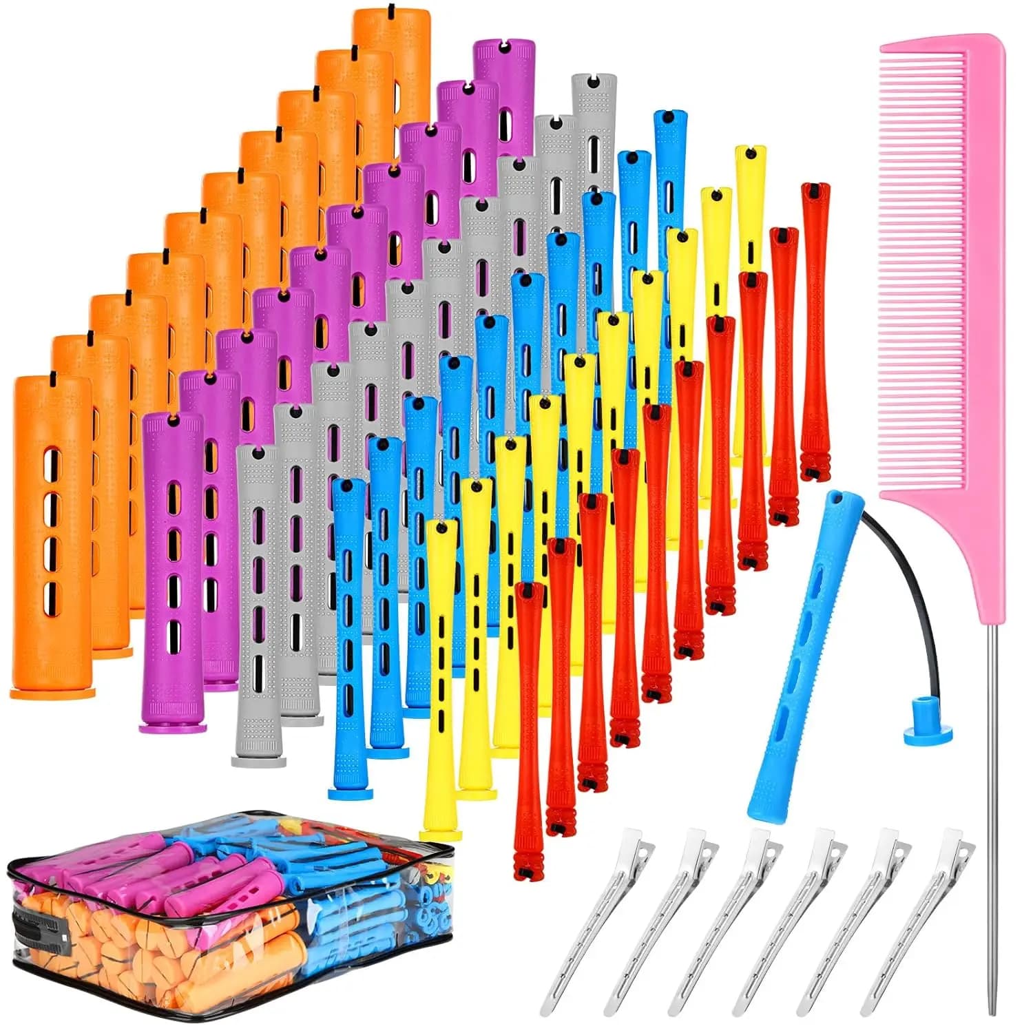 68 Pcs Hair Perm Rods Set - 6 Sizes Plastic Cold Wave Rods with Rat Tail Combs Hair Styling Clips, Perming Rods for Long Short N
