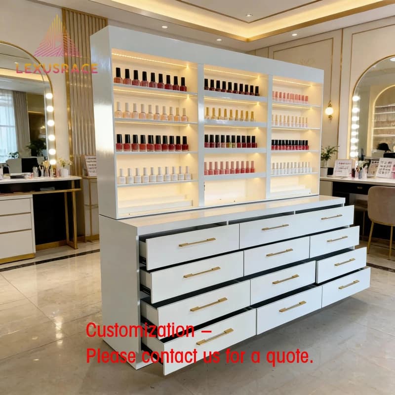 custom.Wood Shelf Display Rack Barber Shop Hair Salon Beauty Salon Modern Design Cosmetic Storage Cabinet Mirror Salon Furniture