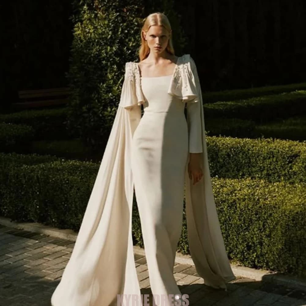 Formal Women's Evening Dresses with Cape Beading Floor-length Square Neck Full Sleeves for Prom Dresses Customized Mermaid Gowns