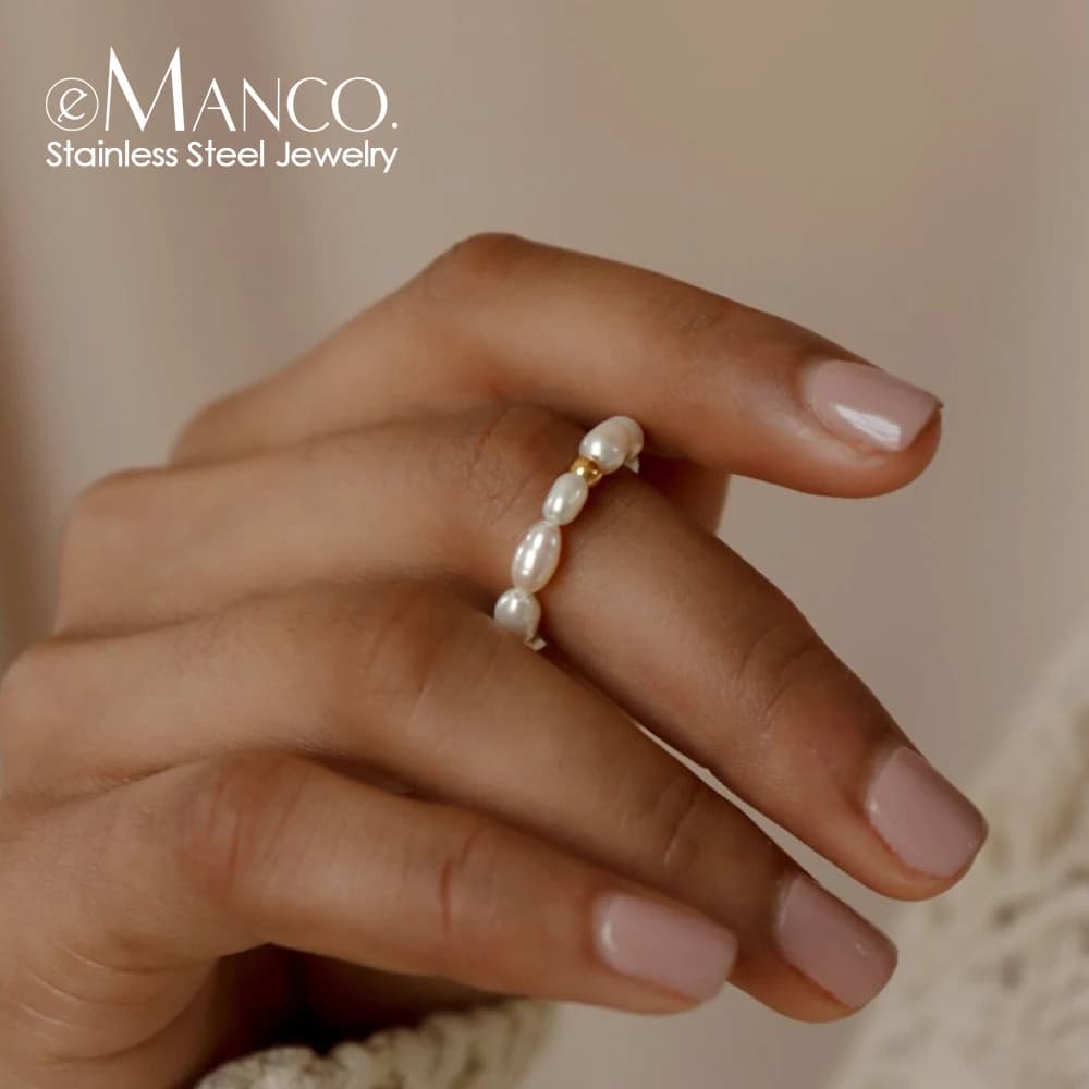 eManco Pearl Ring White Round Pearl Ring Geometric Rings Women Finger Jewelry Fashion Adjustable Elastic Ring