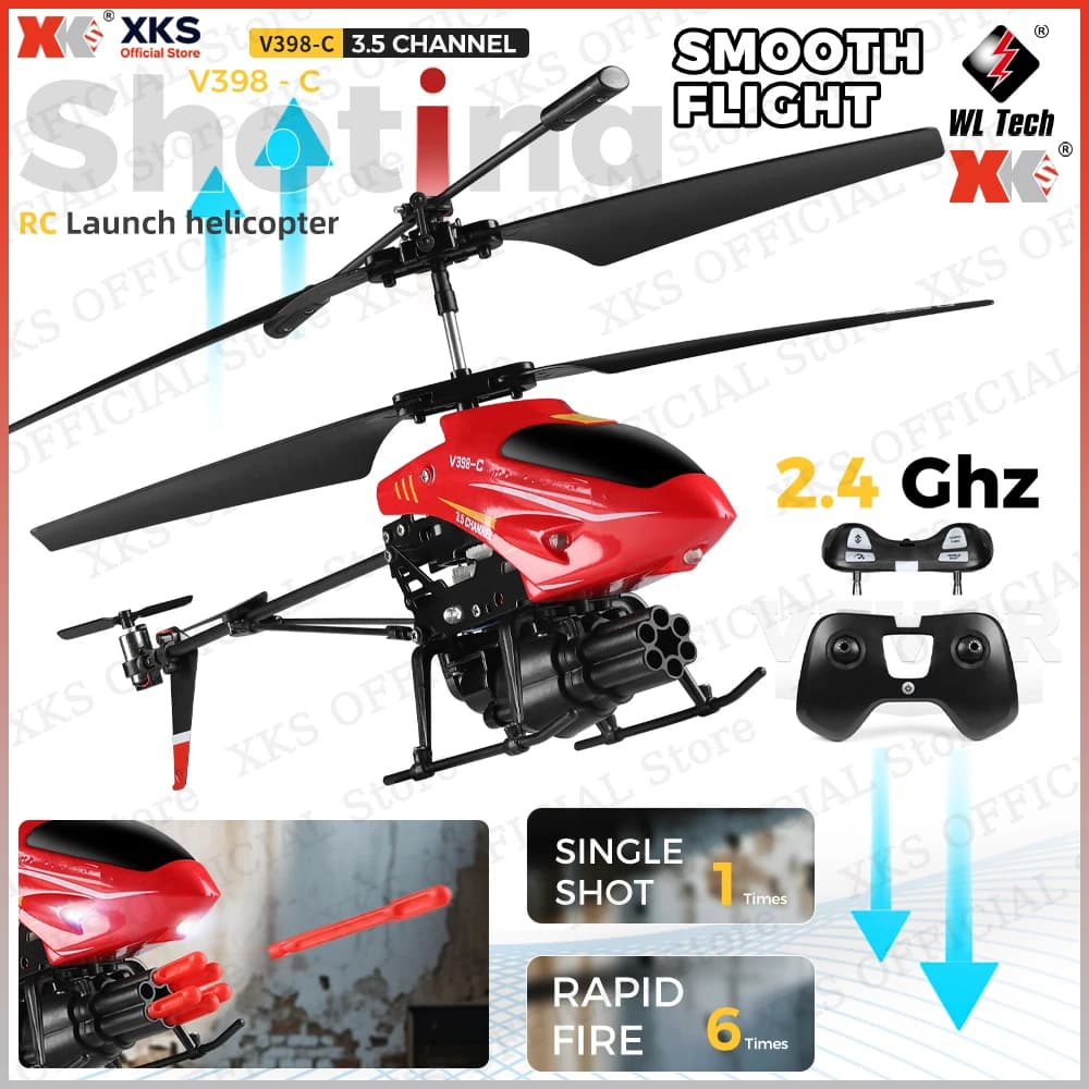 Elicottero RC XKS WLtoys V398-C 2.4GHZ con Giroscopio a 6 Assi, Mantenimento dell'Altitudine a Pressione, 3 Motori, Funzione di Lancio, Aeromobile Telecomandato Giocattolo