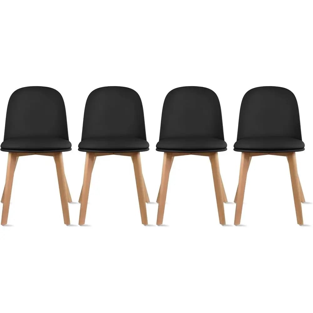 Set di 4 Sedie da Pranzo Moderne | Guscio in plastica con cuscino in ecopelle e gambe in legno | Adatto per interni ed esterni | Idea