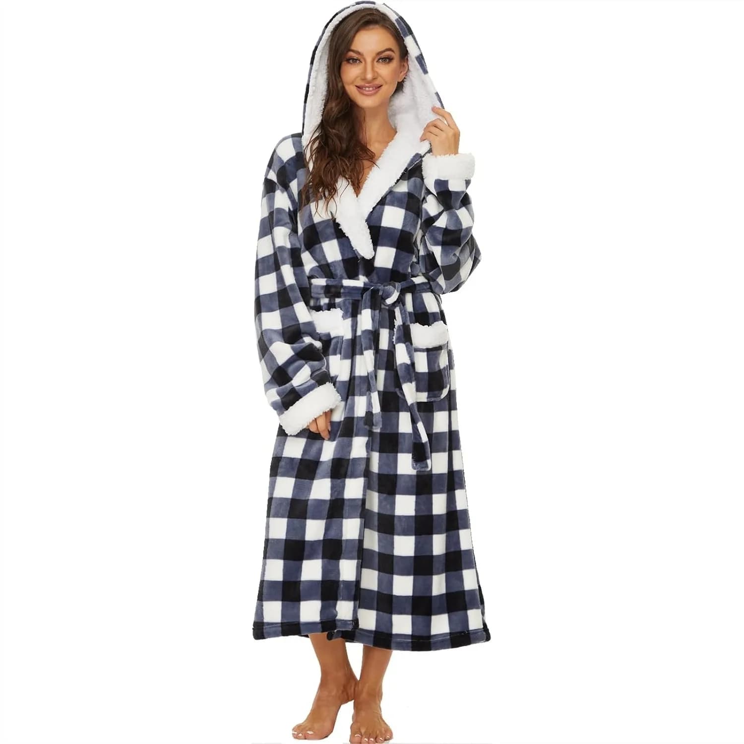 Fleece Plush Robe for Women with Hood, Soft Warm Bathrobe for Spa Shower House