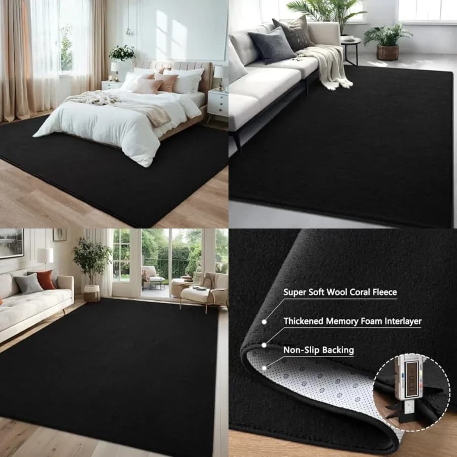Tappeti per Soggiorno e Camera da Letto, Tappeto Nero 6x9 Piedi, Lavabile, in Memory Foam, per Interni, Moderno, Estetico, Minimalista, Antiscivolo