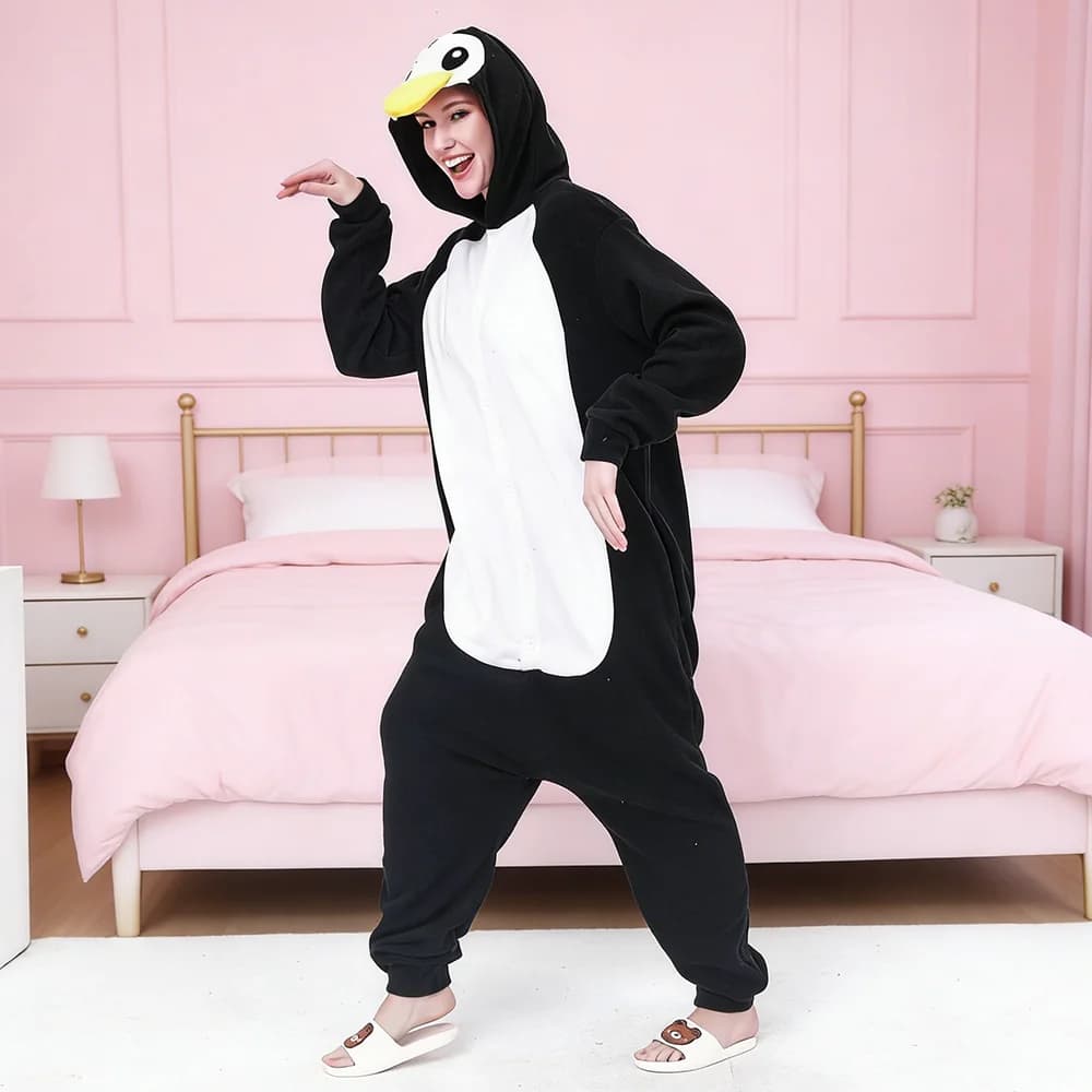 Black Penguin Kigurumi Onesies Pijama Animal One Piece Pajamas Unisex Adults Flannel Hooded Jumpsuits Sleepwear Anime Sleepwear