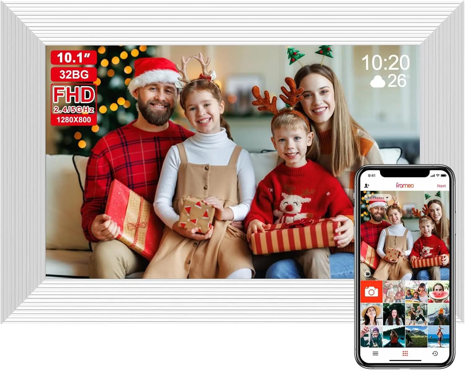 10.1 Inch WiFi Digital Photo Frame with 32GB Storage & SD Slot, IPS Touch Screen, Auto-Rotate, Gift for Mom