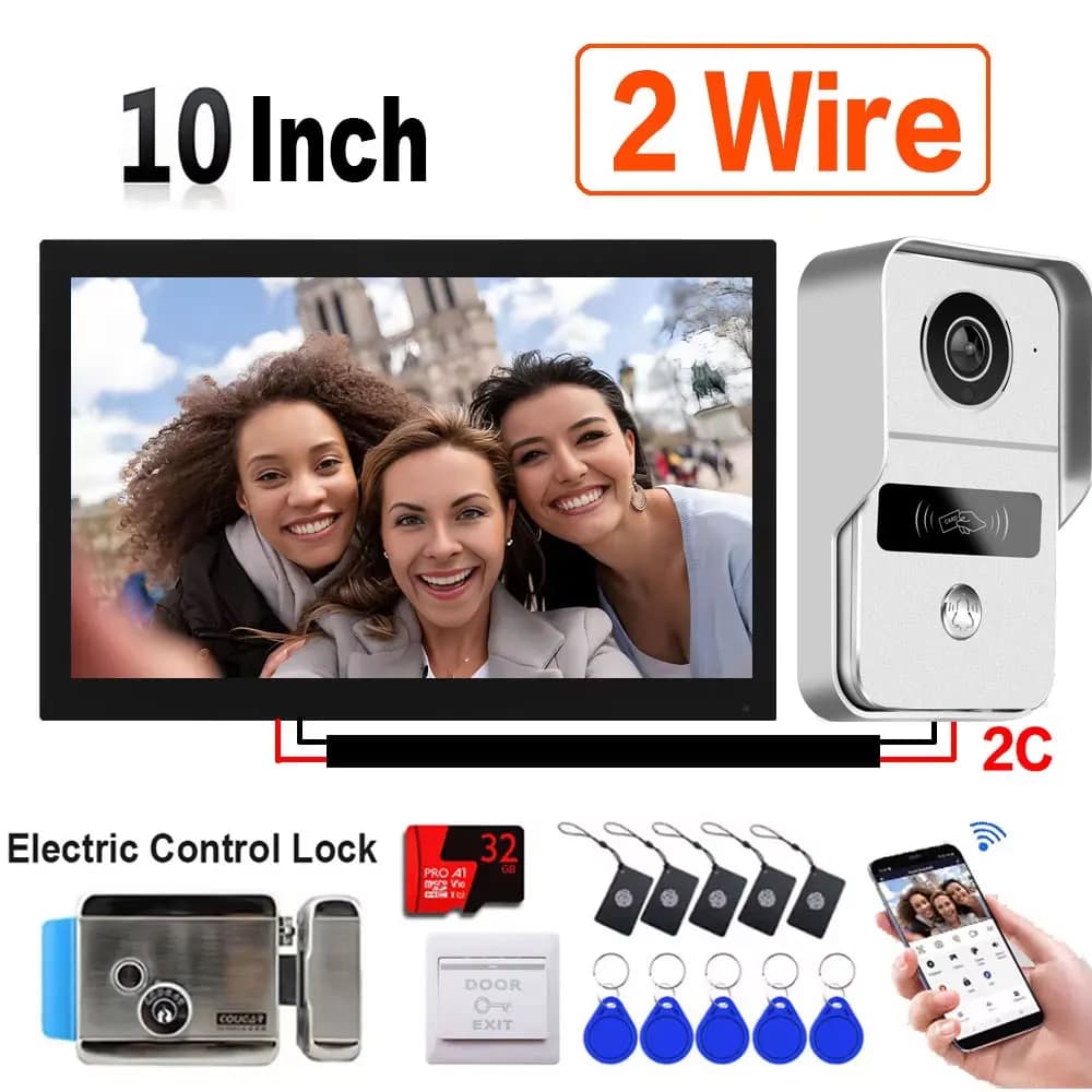 Tuya Wireless Wifi 2 Wire Video Doorbell System, 1080P Doorphone Door Camera, 10 Inch Touch Screen, with 32GB Card Electric Lock
