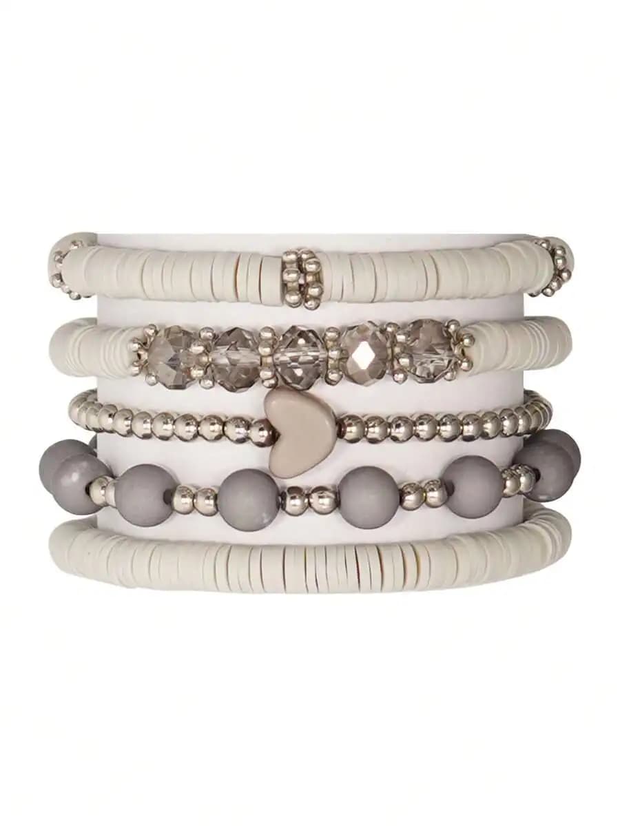5pcs Exquisite Grey Soft Clay Heart Bead Decorated Multi-Layer Elastic Bracelet Set, Suitable For Women's Daily, Date, Party Wea