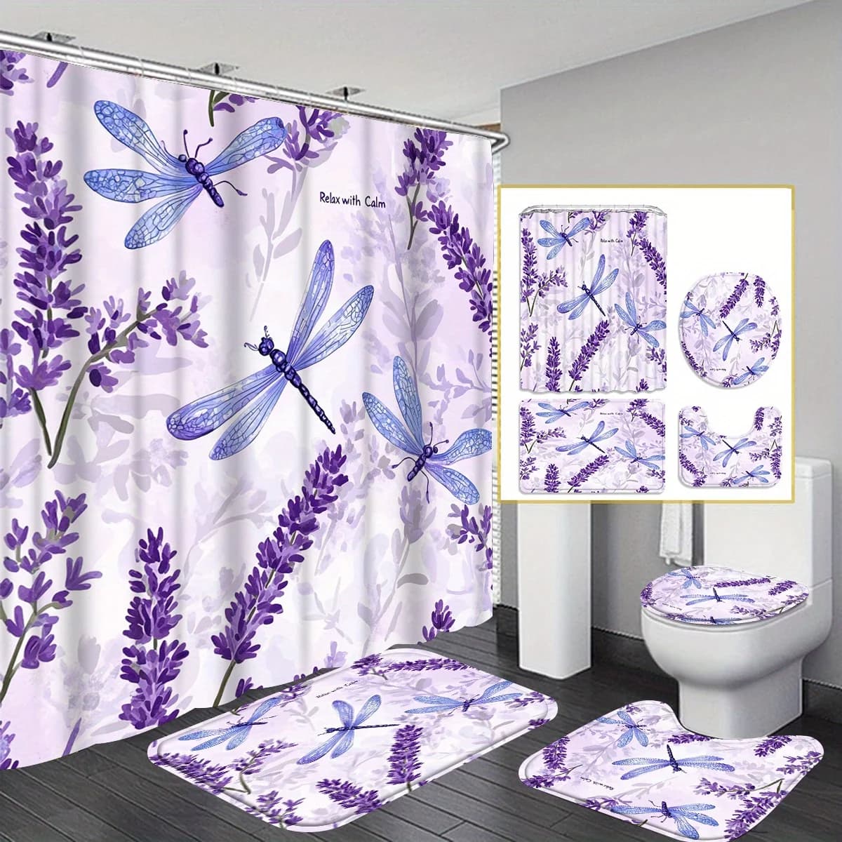 Set tenda da doccia primaverile ed estiva da 4 pezzi, tappetino da bagno antiscivolo e copriwater, tappeto a forma di U, poliestere lavabile in lavatrice