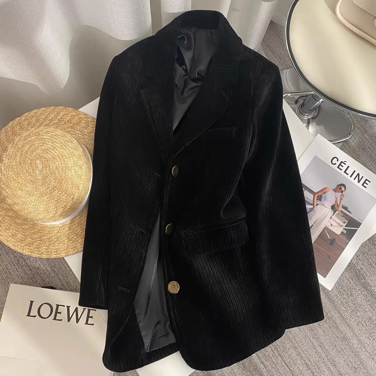 Blazer da Donna in Velluto a Coste Nero Effetto Snellente Autunno-Inverno - Nuovo Stile Elegante Giacca Casual