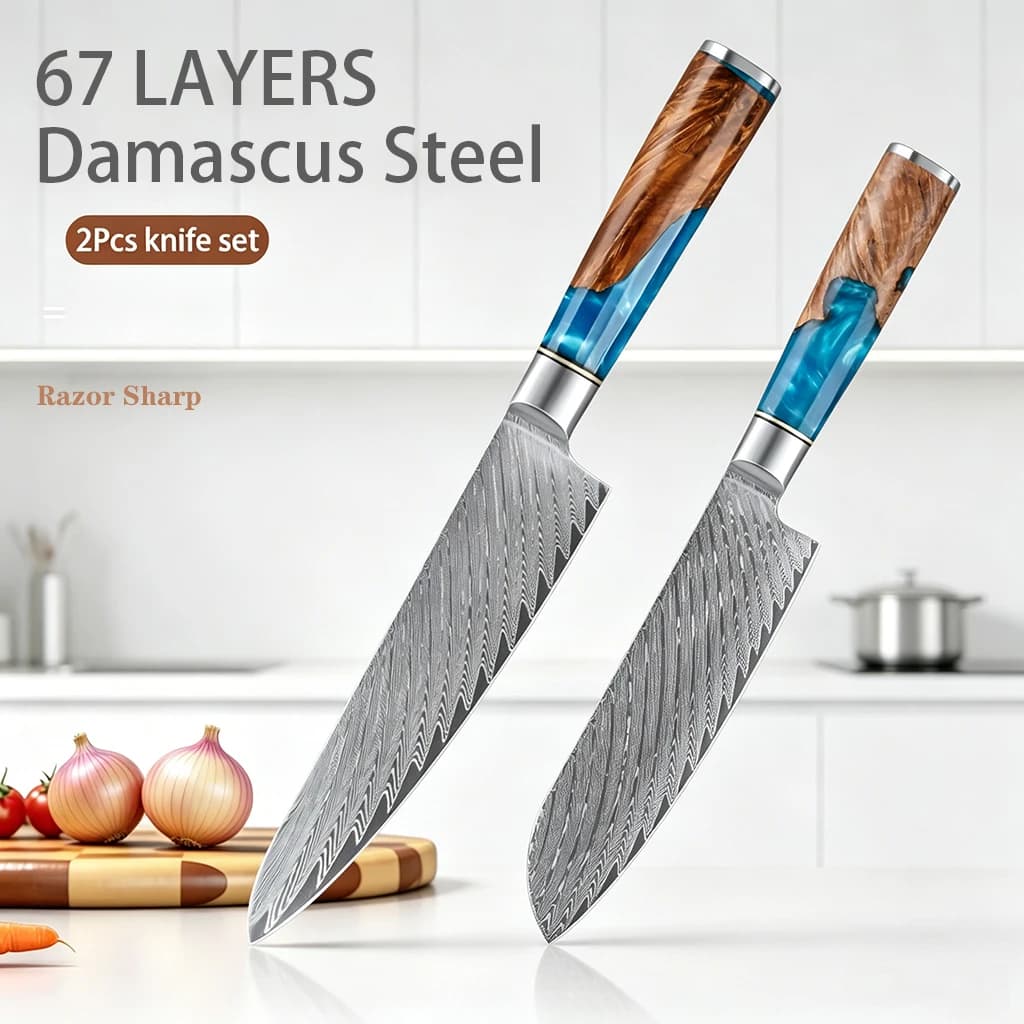Set di coltelli da cucina in acciaio Damasco, coltello da chef, coltello Santoku, set con manico in resina blu