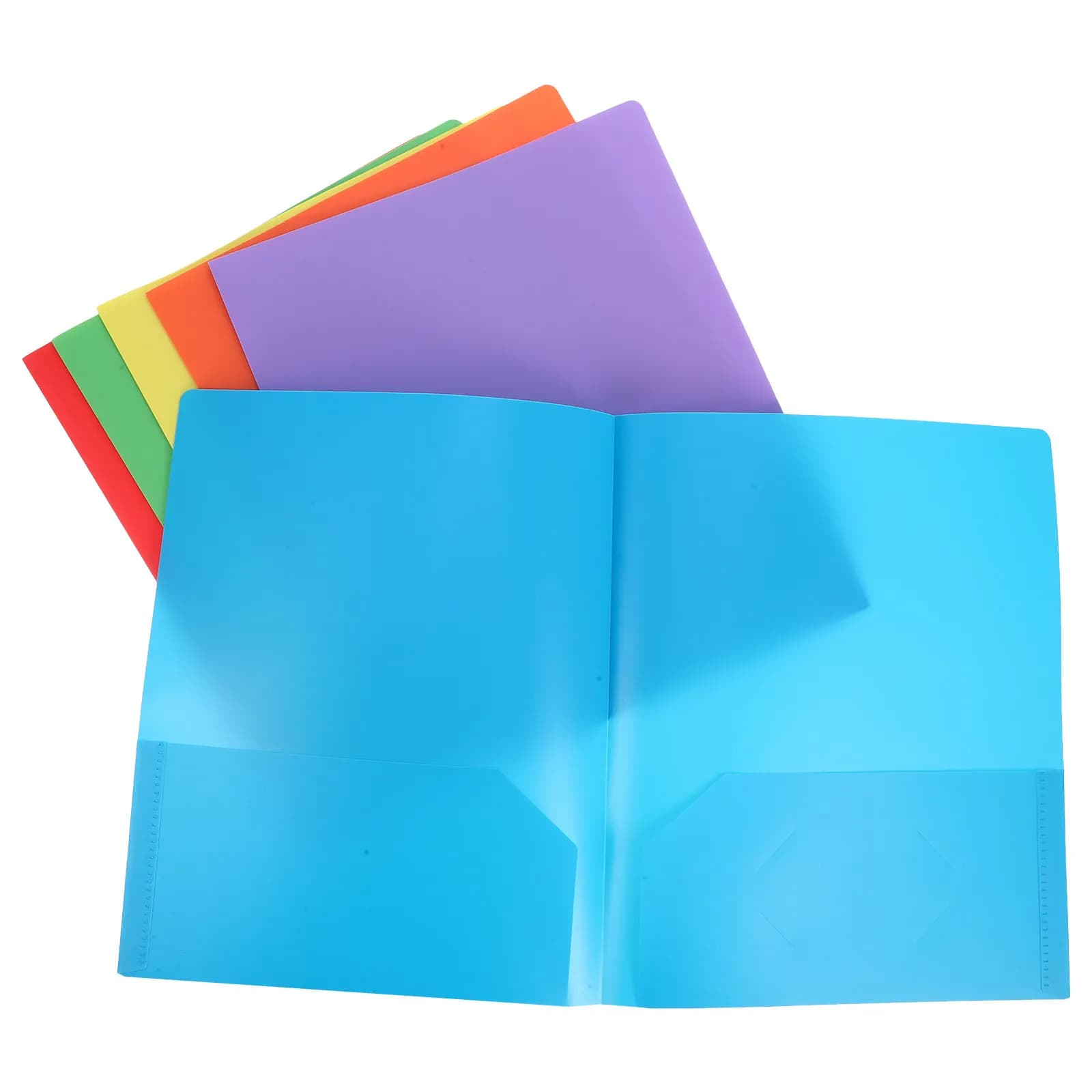 6 cartelle portadocumenti in plastica colorata formato A4 con tasche e chiusura a doppia clip per un'organizzazione efficiente dei documenti