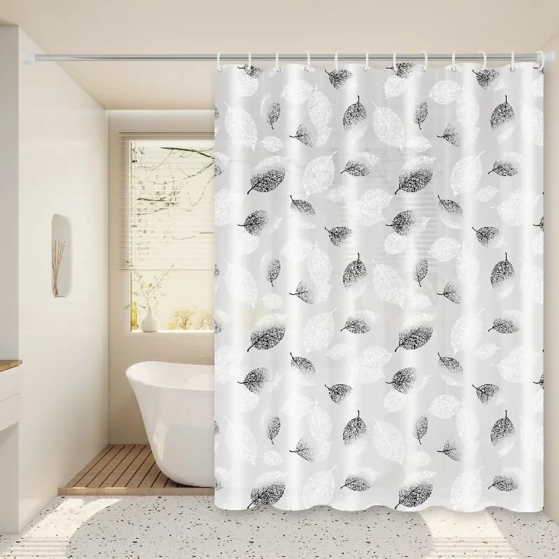 Tenda da Doccia Minimalista in Stile Nordico con Foglie Fresche in Bianco e Nero, Design Artistico per Bagni Moderni