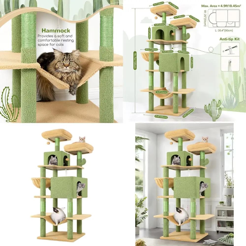 Albero per gatti alto 76 ispirato al cactus con livelli multipli, aree da gioco e tiragraffi per gatti grandi