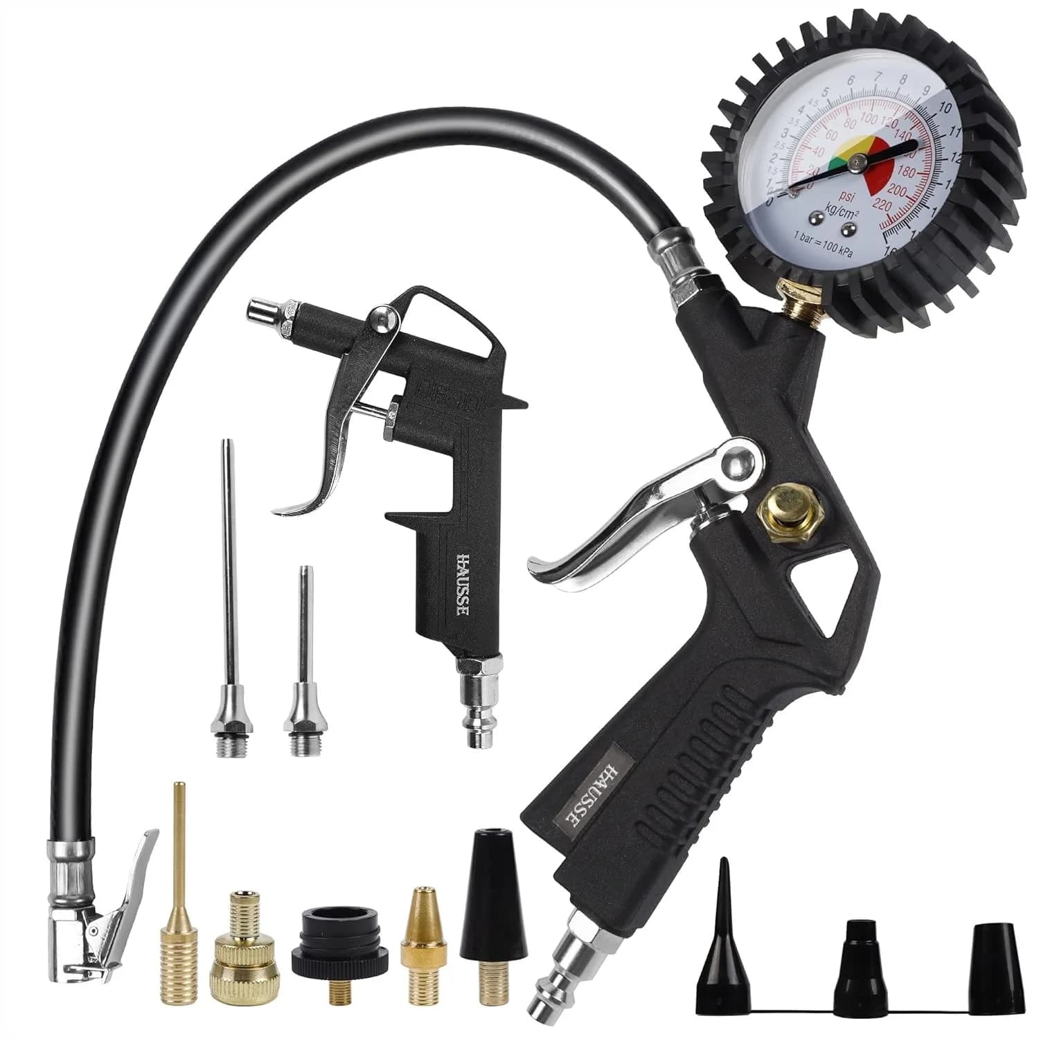Kit Accessori per Compressore d'Aria Professionale con Manometro Gonfiagomme, Set Utensili Pneumatici da 1/4" NPT per Uso Multiuso - Durevole e Facile da Usare