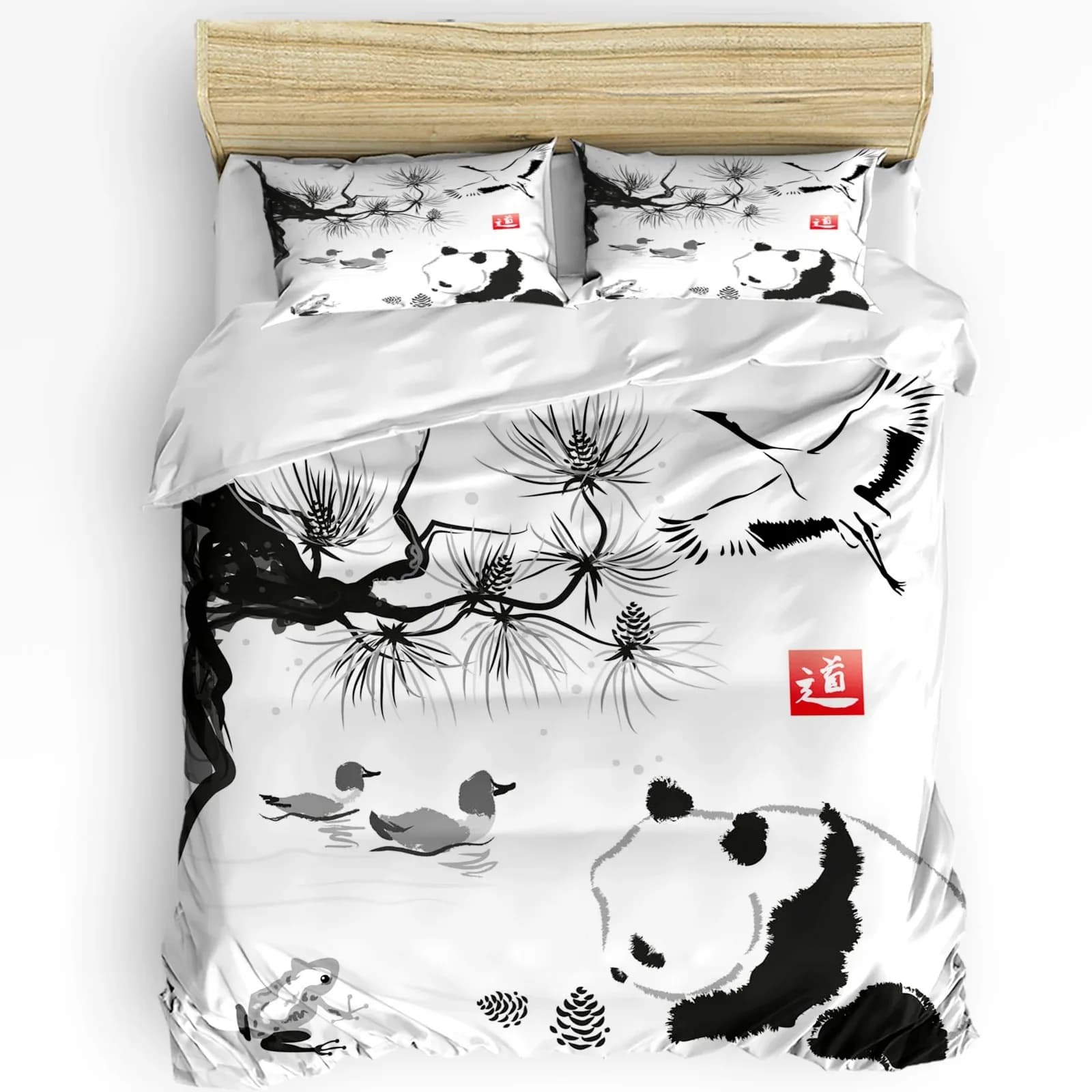 Set di Biancheria da Letto con Disegno di Panda su Ramo, 3 Pezzi, Copripiumino e Federe, per Ragazzi e Adulti, Set per Letto Matrimoniale, Tessili per la Casa