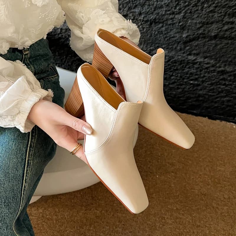 2025 Summer New Baotou Half Slippers Women Wear Muller Shoes Thick Heel High Heel Sandals Women's Slippers Genuine Leather Shoes