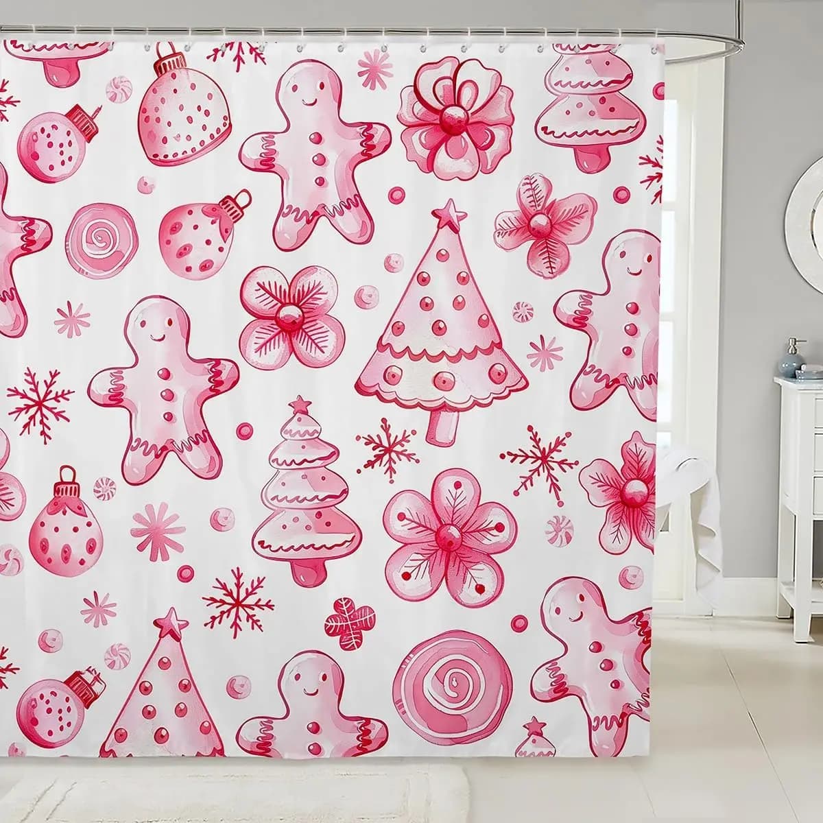 Tenda da doccia natalizia bianca rosa, tenda da bagno simpatico omino di pan di zenzero, tende da doccia in tessuto floreale con alberi di Natale, fiocchi di neve