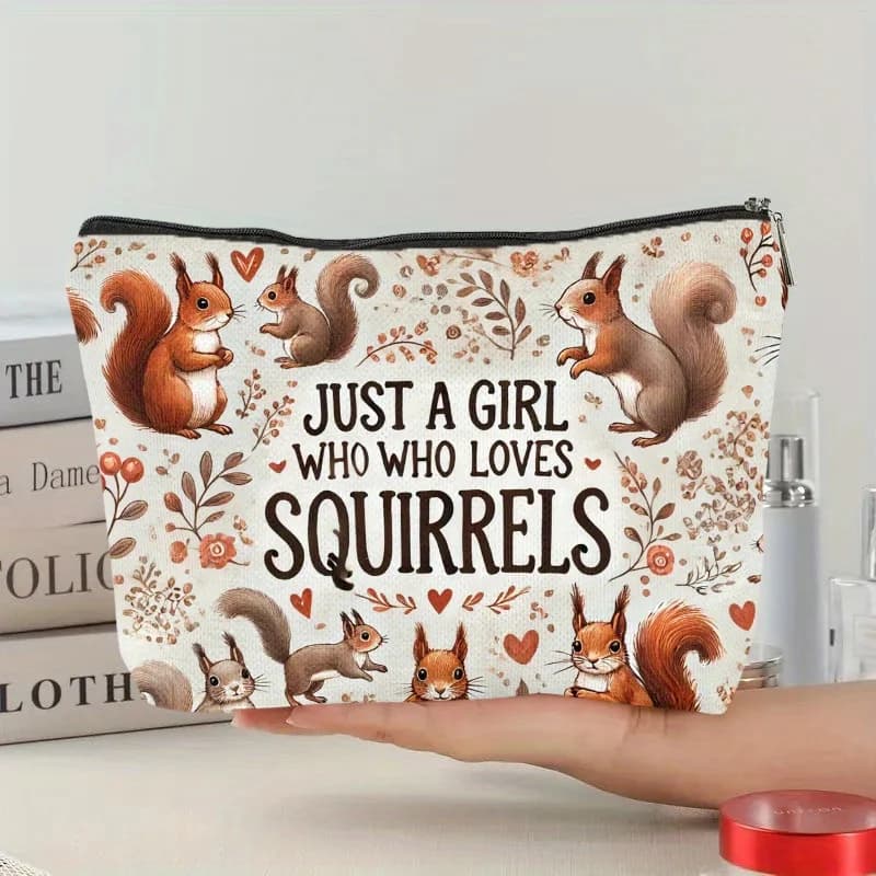 Una borsa per il trucco illustrata di scoiattolo: carina custodia multifunzionale con cerniera per donna, borsa per riporre gioielli