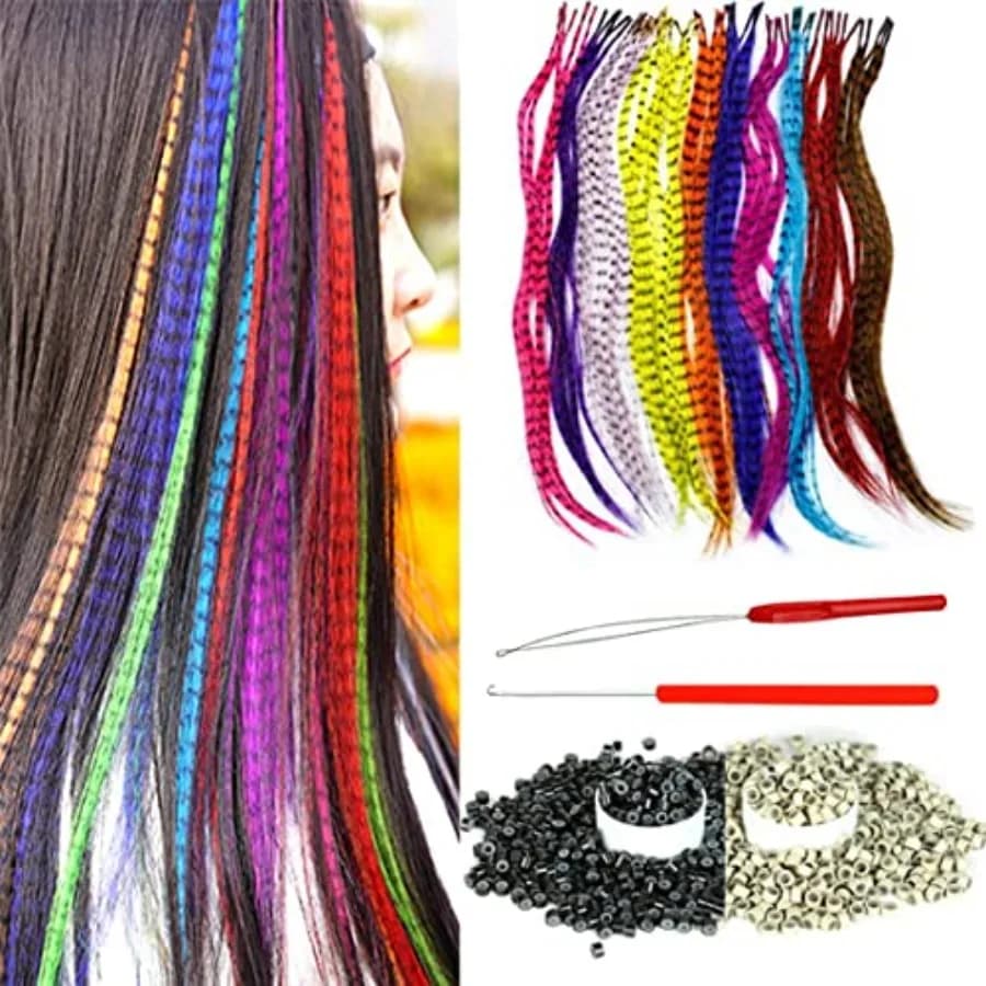 13Pcs Synthetic Feather Hair Extensions for Women 20Inch Hairpieces With 100pcs Silicone Micro link Beads And 2 Crochet Hooks H