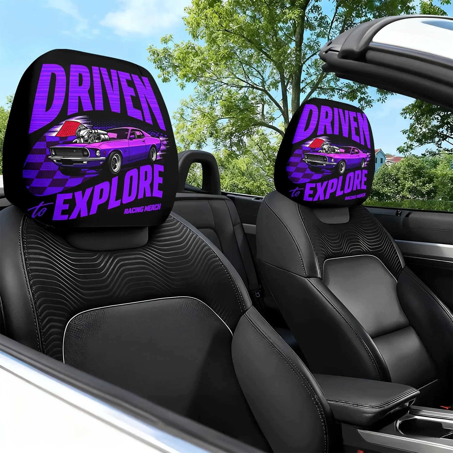 2 Pezzi Copri Poggiatesta Auto Viola con Stampa Tema Racing - Cuscino Poggiatesta per Sedile Auto - Design Carino - Accessori Interni Auto