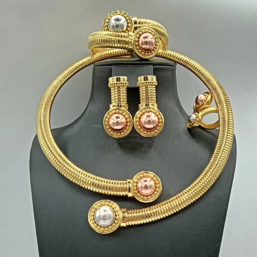 Luxury Trendy Three Tone Round Shape Jewelry Set Statement Fancy Wedding Necklace Bracelet Earrings Ring 4PC Jewellery for Party