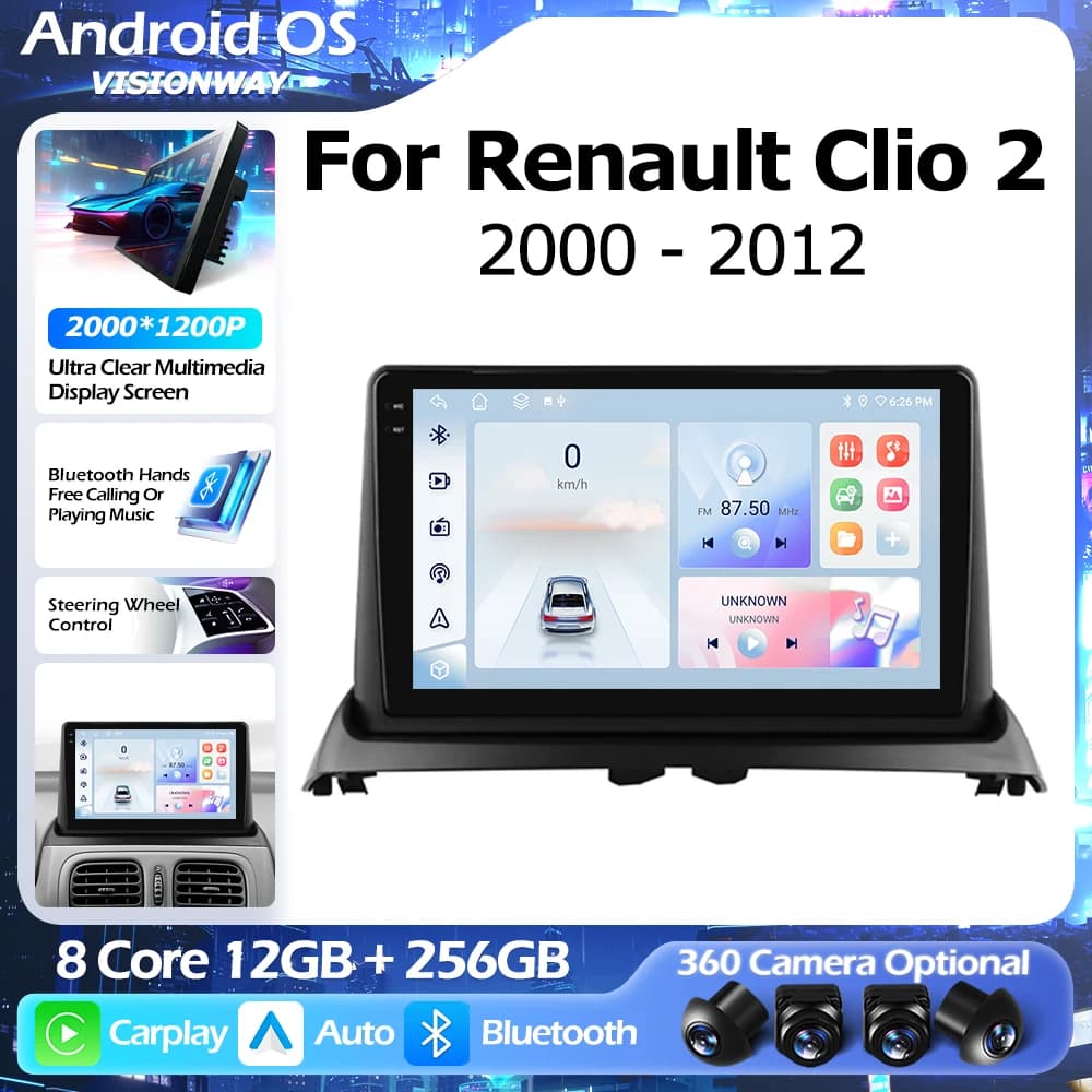 QLED 2000*1200P 8 Core Android 16 per Renault Clio 2 2000-2012, Navigatore GPS, Lettore Multimediale, CarPlay Wireless, WIFI 4G
