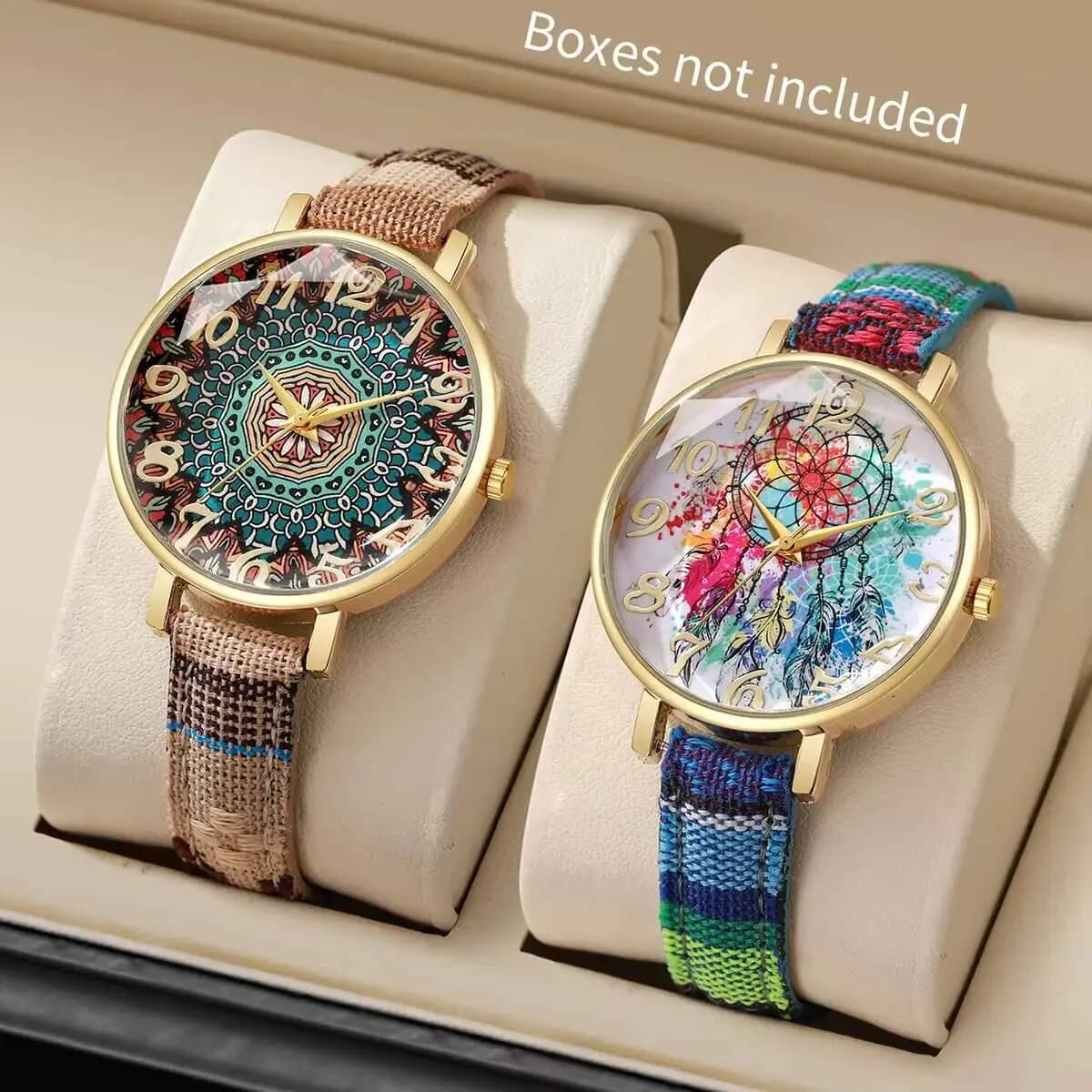 2Pcs Bohemian Ladies Watches Mandala Dreamcatcher Dial Fabric Strap Casual Quartz Watch For Women Gift