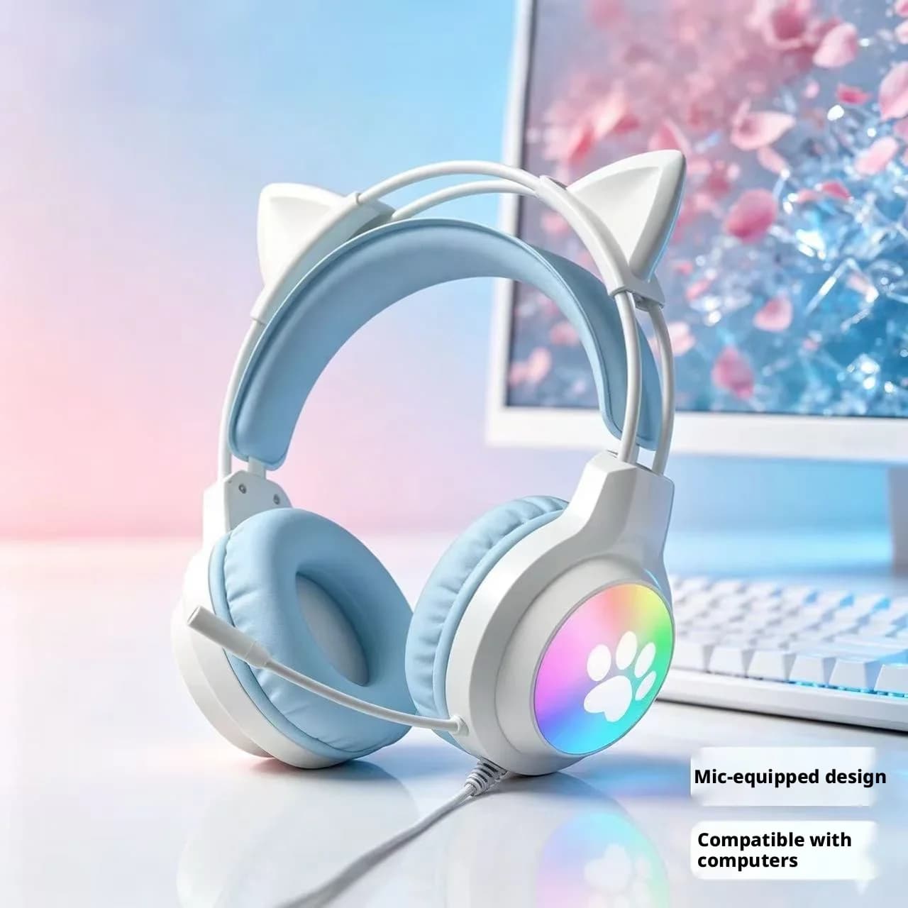 SOYTO Kawaii Cat Ear Gaming Headphones RGB Color Changing Paw Light Wired Headset With Mic Soft Cushion Stereo Gaming Headset