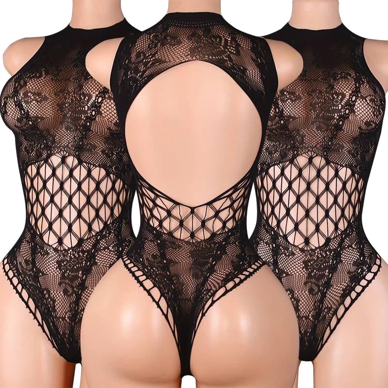 Open Back Vests Sexy Crotchless Lingeries For Women High Collar Bodysuits Mesh Sheer Hollow Tights High Waist Elastic Underwear