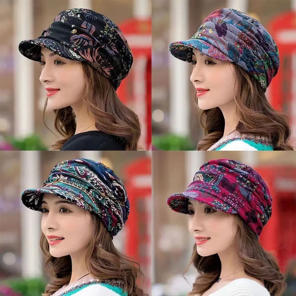 New Polyester Short Brimmed Floral Hat Warm Short Version Women Visor Hat Beanie Caps Women