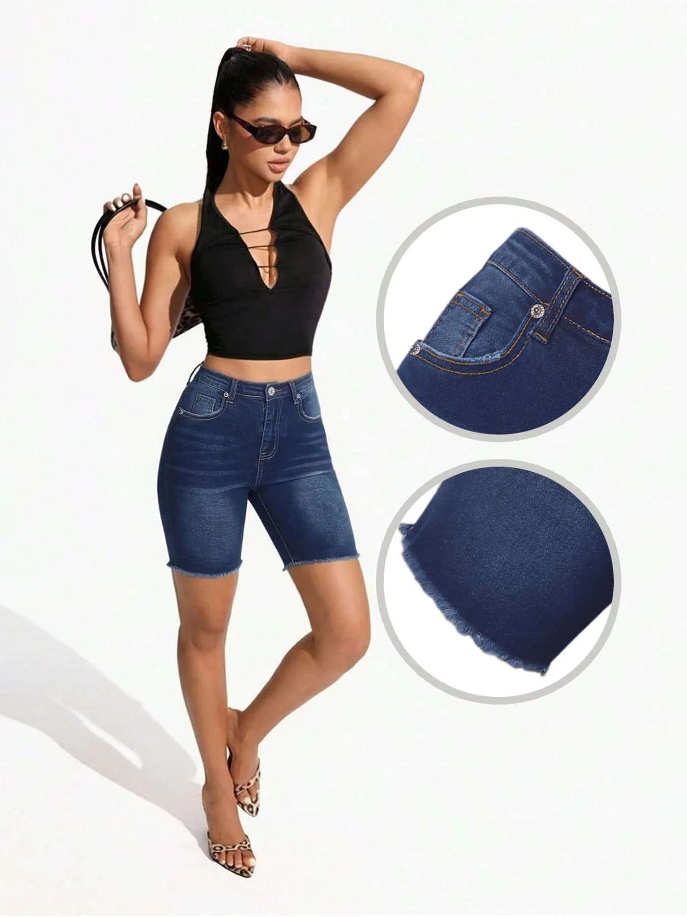 Shorts in Denim da Donna, Jeans Elasticizzati a Vita Alta, Classici con 5 Tasche, Lunghezza Media, Casual Estivi, Morbidi e Confortevoli, Stile Trendy e Urbano