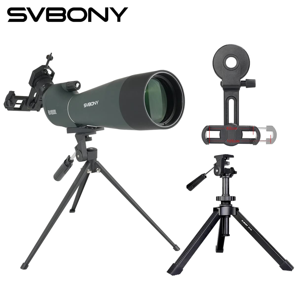 Svbony SV28A Cannocchiale 20-60x80mm Nuova versione Telescopio con treppiede e adattatore per telefono Adatto per tiro con l'arco Bersaglio