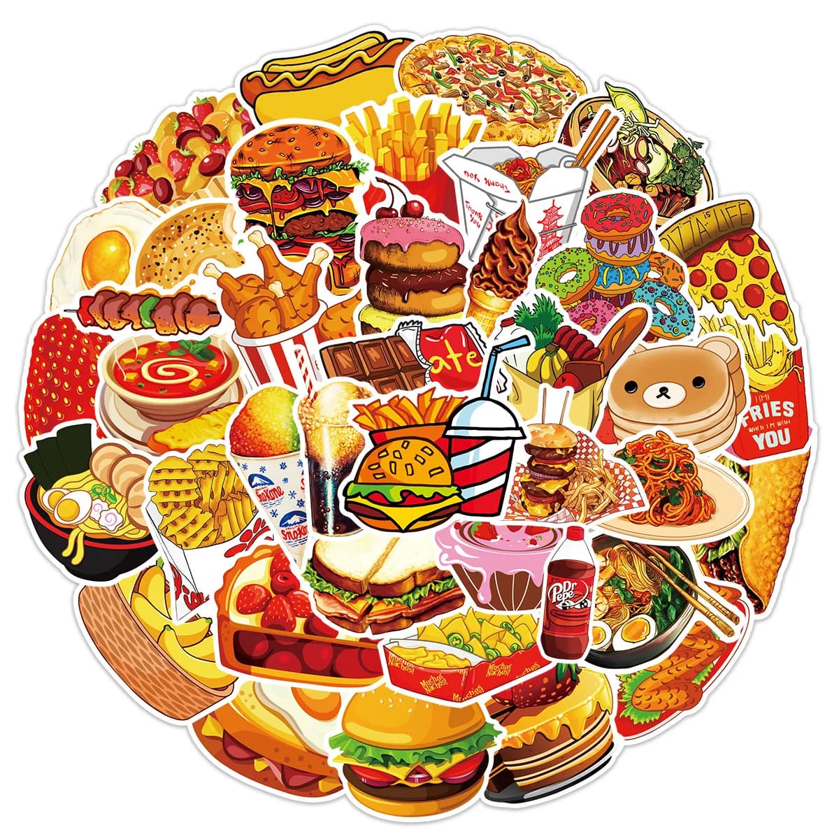 50 pezzi di adesivi per alimenti cartoni animati set hamburger patatine fritte dessert graffiti decalcomanie per notebook fai da te telefono portatile bottiglia d'acqua decorazione giocattolo