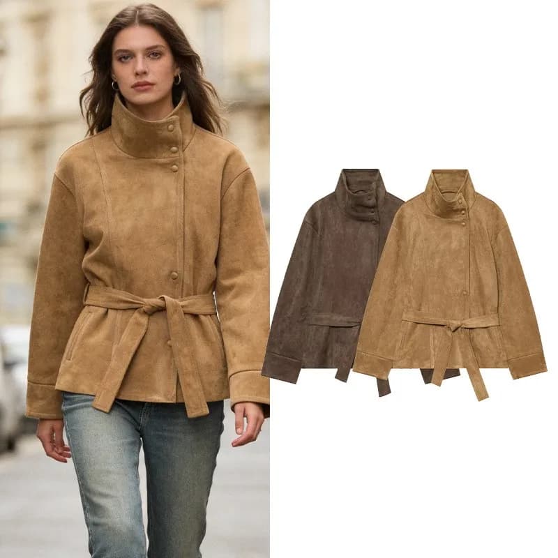 HipSeam Women's Winter Jacket with Belted New 2026 High Neck Long Sleeve Pocket Button Women Faux Suede Jacket Female Top