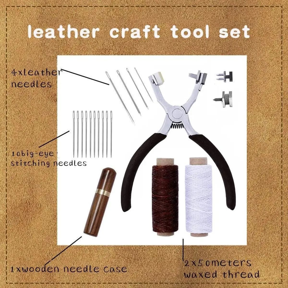 COFA Stitching Hole Punch, Silent Rhombus Leather Hand Pliers , Wooden Needle Case, Waxed Thread for Belts, Straps, Shoes