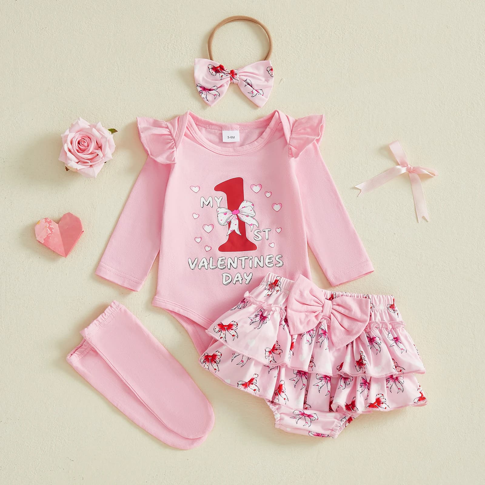 Completi per il primo giorno di San Valentino per neonato, lettera, manica lunga, girocollo, pagliaccetto, pantaloncini con fiocco, cappello, calzini lunghi