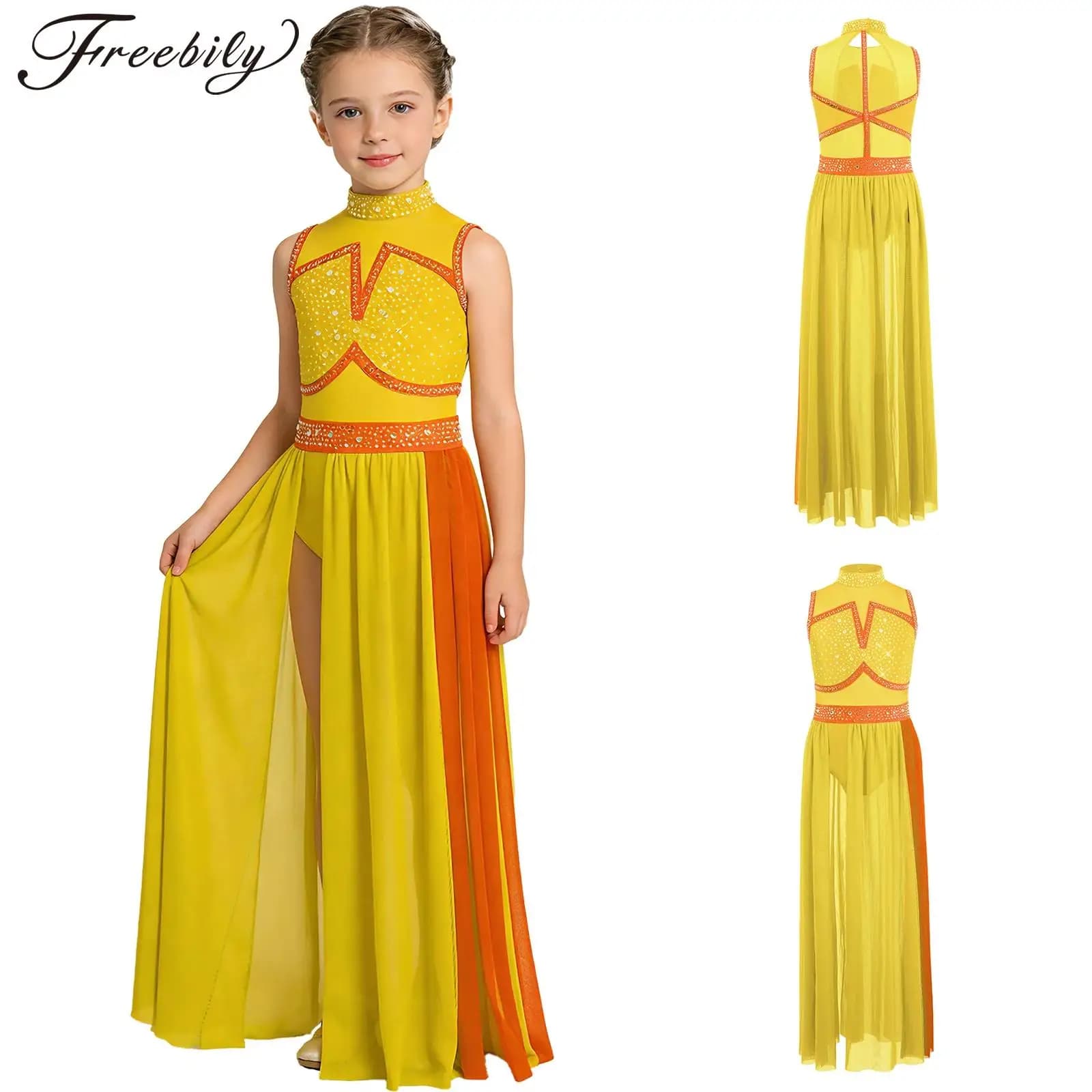 Abito da ballo lirico per bambine, senza maniche, con schiena scoperta e strass, maxi abito per performance, competizioni, pattinaggio artistico, serate di gala