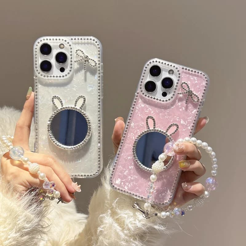Phone case with brilliant diamonds and cute rabbit design, in mirror, in TPU, with short pearl chain, for iPhone 17 16 Pro Max 15 14 13 Plus 12 11