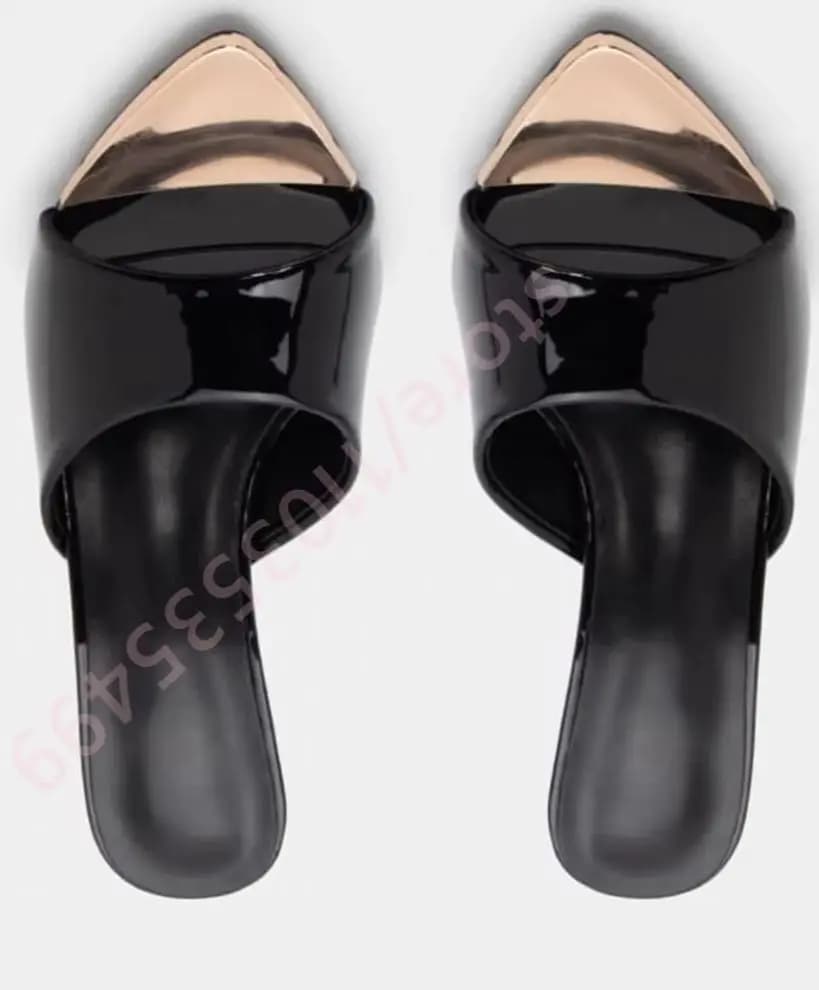 Nuovi Sandali Estivi 2026 da Donna in Pelle Verniciata Nera/Rosa Nude con Tacco a Spillo, Punta Aperta e Punta Dorata, Modello Slip-On alla Moda