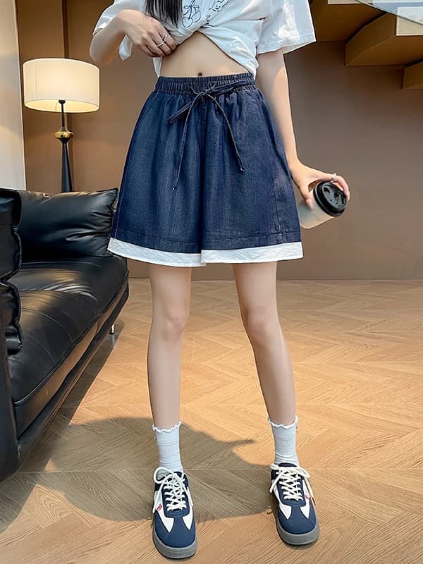Jeans Estivi da Donna a Cinque Tasche con Inserti in Pizzo, Gamba Larga Dritta, Vita Alta, Casual, Tinta Unita, Anti-Restringimento, Versatili