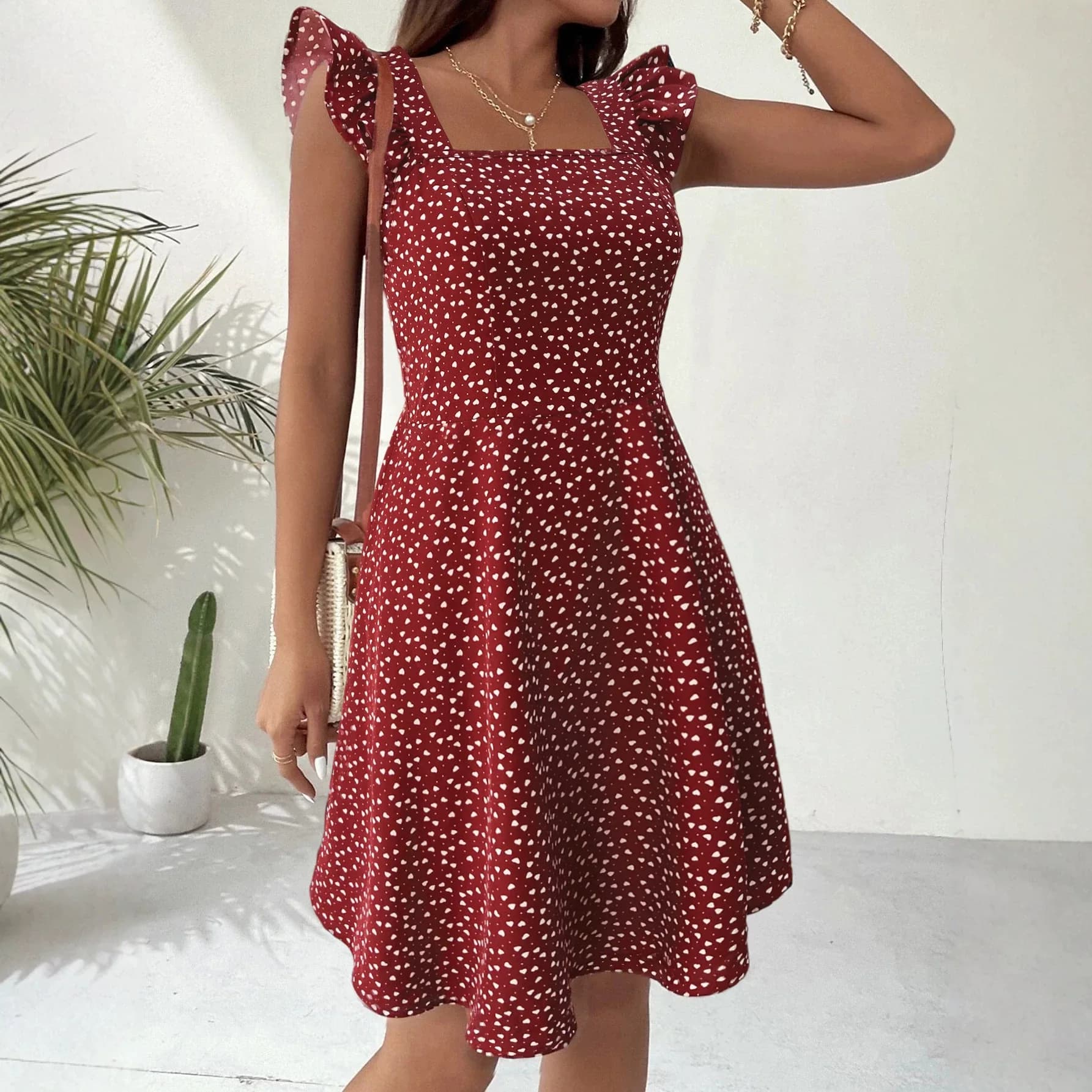 2026 Summer New Women Heart Print Dress Square Neck Flutter Sleeve High Waist Slim A Line Short Dress Casual Sweet Mini Dresses